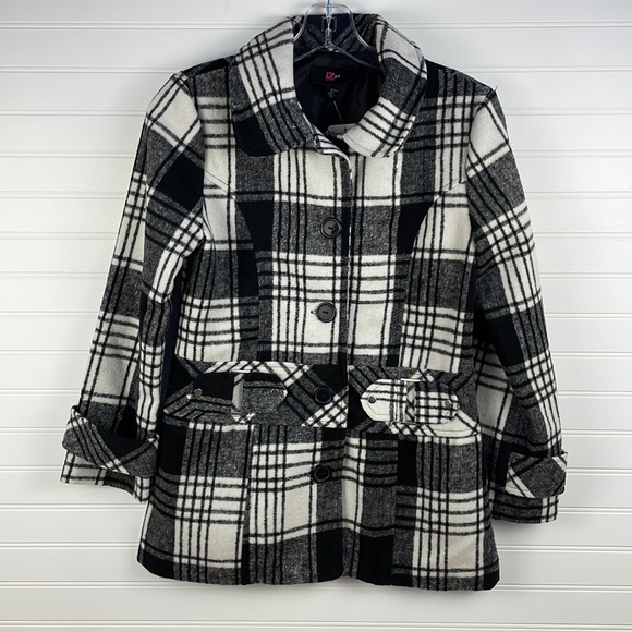 iZ Byer Girl Buffalo Plaid Pea Coat Pockets Lined Youth Large 14 - Picture 1 of 10